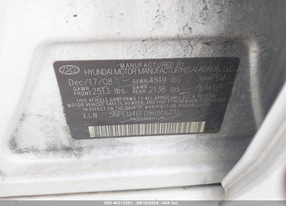 2009 HYUNDAI SONATA LIMITED V6 VIN: 5NPEU46F09H556211