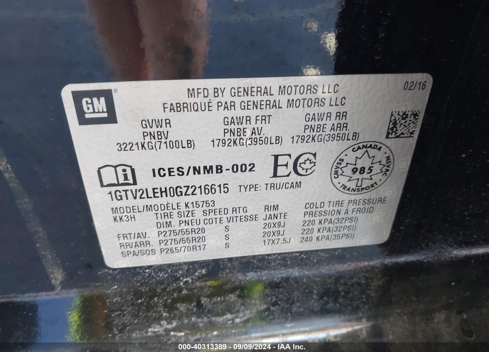 2016 GMC SIERRA 1500 VIN: 1GTV2LEH0GZ216615