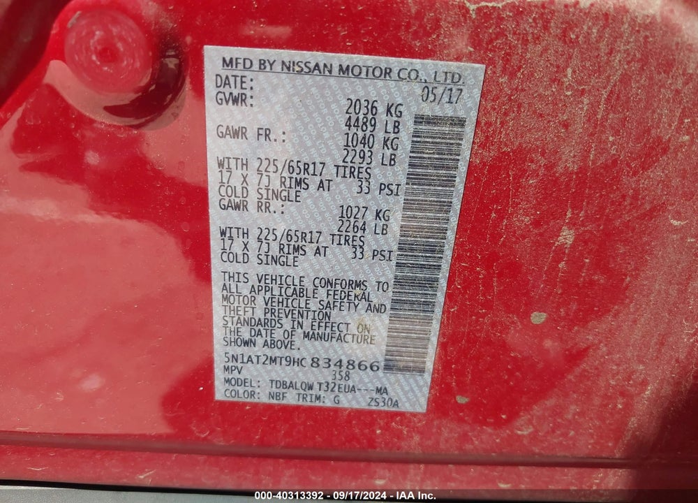 2017 NISSAN ROGUE SV VIN: 5N1AT2MT9HC834866