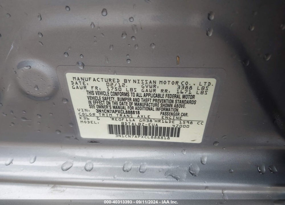 2012 NISSAN VERSA 1.6 SV VIN: 3N1CN7APXCL888818