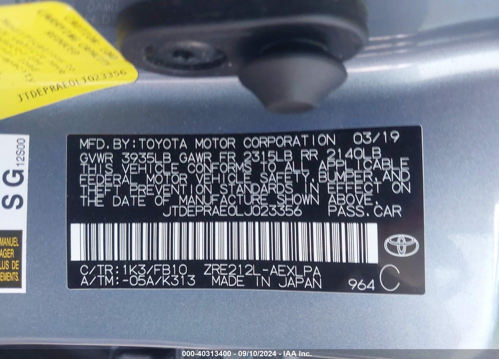 2020 TOYOTA COROLLA LE VIN: JTDEPRAE0LJ023356
