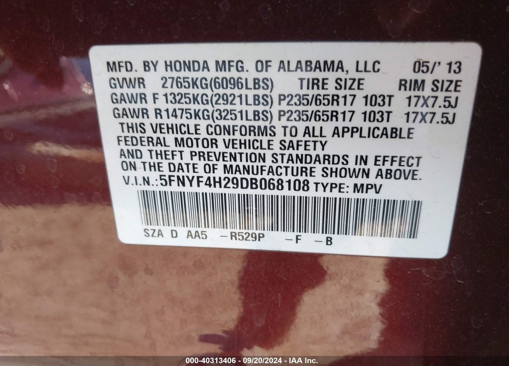 2013 HONDA PILOT LX VIN: 5FNYF4H29DB068108