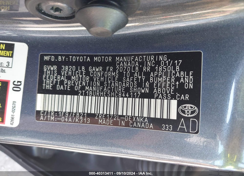 2017 TOYOTA COROLLA LE VIN: 2T1BURHE5HC844117