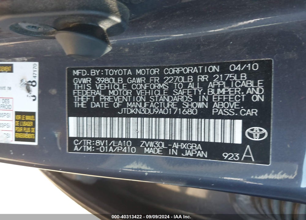 2010 TOYOTA PRIUS IV VIN: JTDKN3DU9A0171680