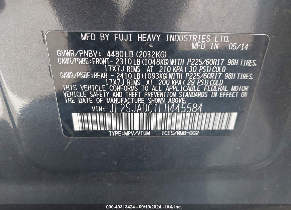 2015 SUBARU FORESTER 2.5I PREMIUM VIN: JF2SJADC1FH445584