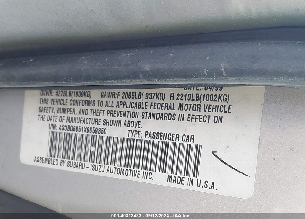 1999 SUBARU LEGACY 30TH ANN. OUTBACK LTD./OUTBACK VIN: 4S3BG6851X6659350