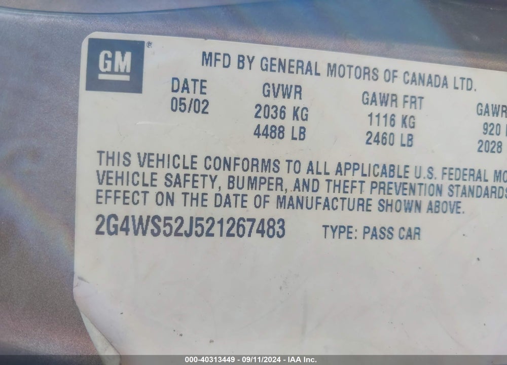 2002 BUICK CENTURY CUSTOM VIN: 2G4WS52J521267483