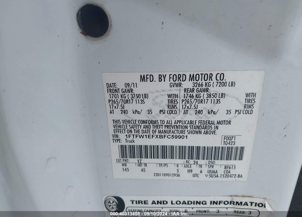 2011 FORD F-150 XL VIN: 1FTFW1EFXBFC59901