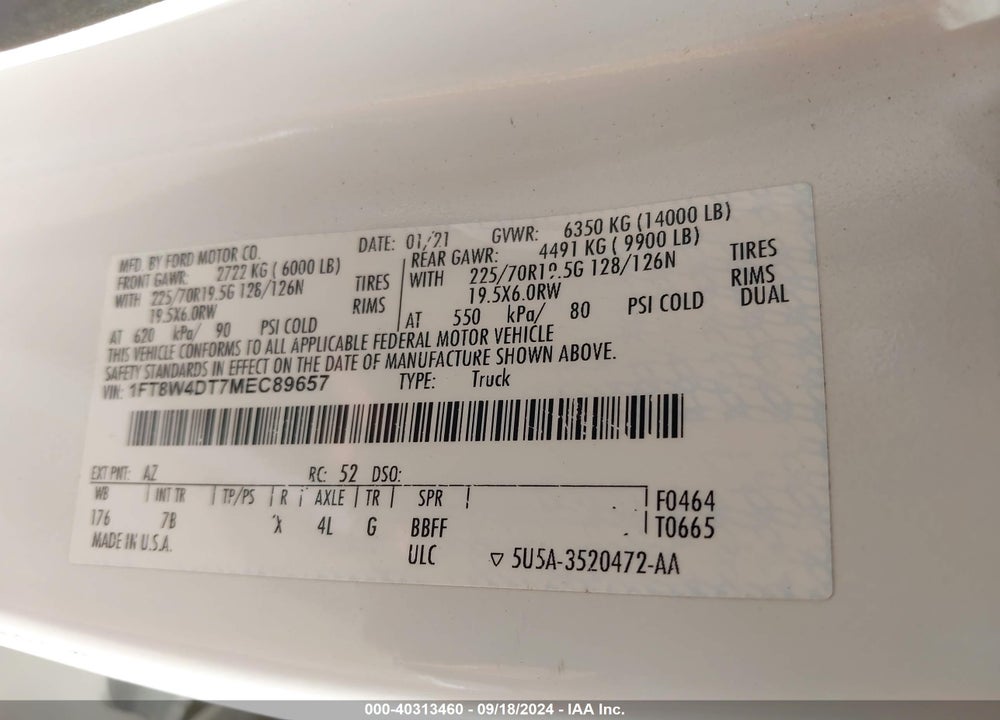 2021 FORD F-450 PLATINUM VIN: 1FT8W4DT7MEC89657
