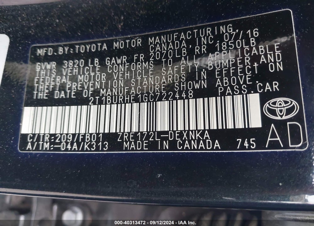 2016 TOYOTA COROLLA LE VIN: 2T1BURHE1GC722448