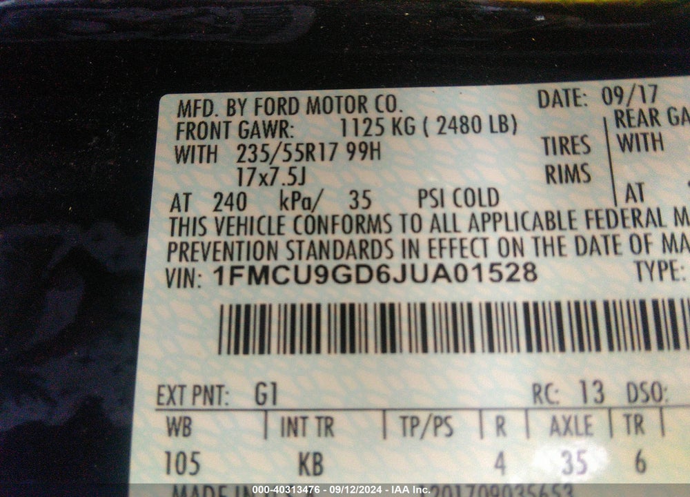 2018 FORD ESCAPE SE VIN: 1FMCU9GD6JUA01528