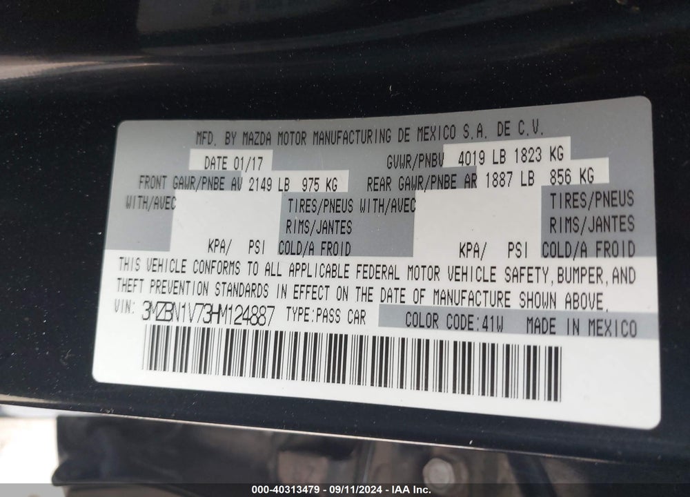 2017 MAZDA 3 TOURING VIN: 3MZBN1V73HM124887
