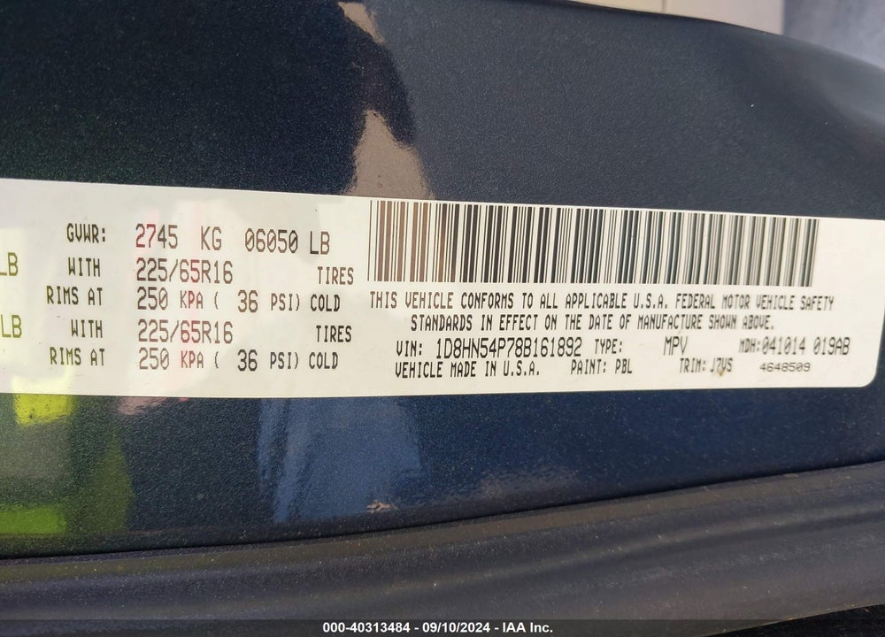 2008 DODGE GRAND CARAVAN SXT VIN: 1D8HN54P78B161892