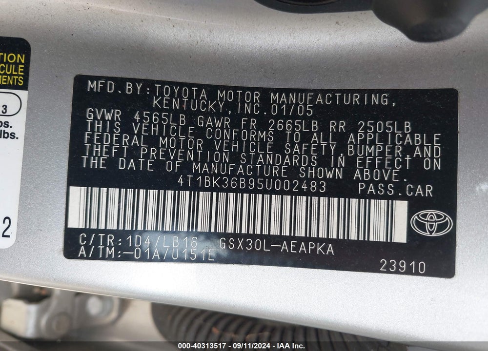 2005 TOYOTA AVALON LIMITED VIN: 4T1BK36B95U002483