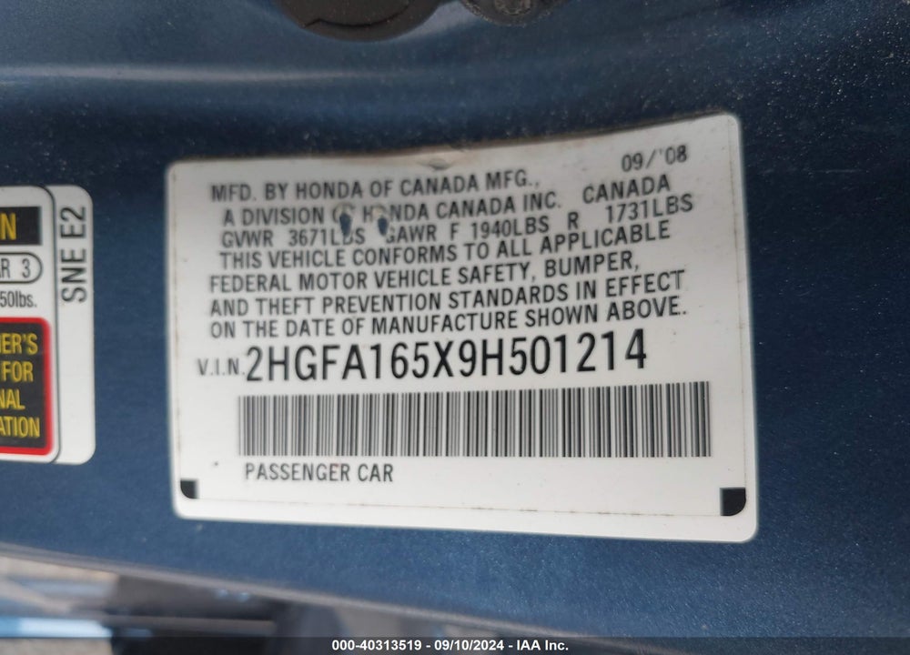 2009 HONDA CIVIC LX VIN: 2HGFA165X9H501214