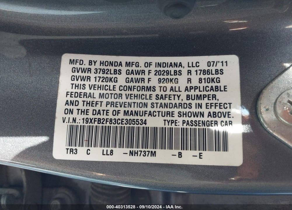 2012 HONDA CIVIC EX VIN: 19XFB2F83CE305534