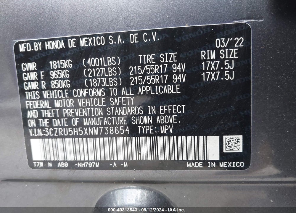 2022 HONDA HR-V VIN: 3CZRU5H5XNM738654