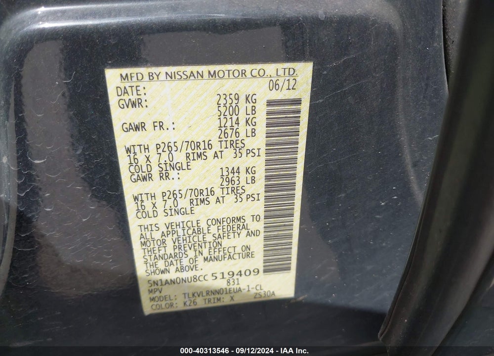 2012 NISSAN XTERRA S VIN: 5N1AN0NU8CC519409