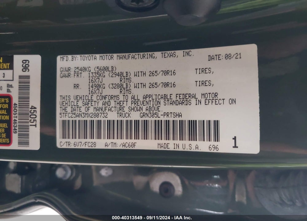2021 TOYOTA TACOMA SR5 V6 VIN: 5TFCZ5AN3MX280732