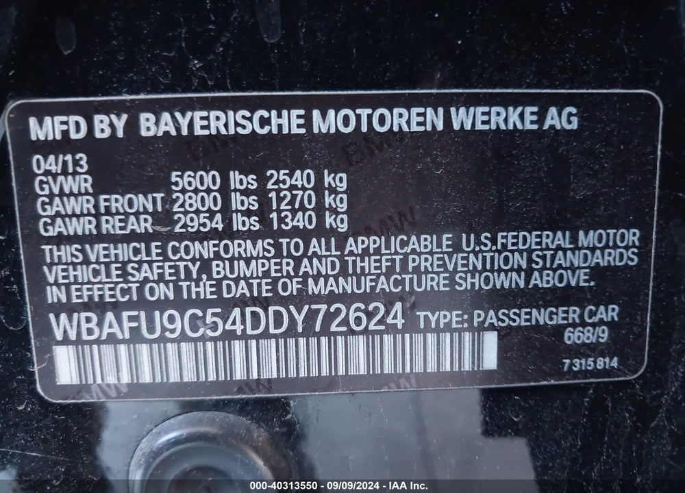 2013 BMW 550I XDRIVE VIN: WBAFU9C54DDY72624