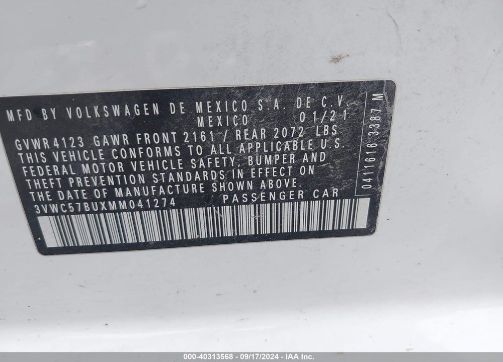2021 VOLKSWAGEN JETTA 1.4T R-LINE/1.4T S/1.4T SE VIN: 3VWC57BUXMM041274