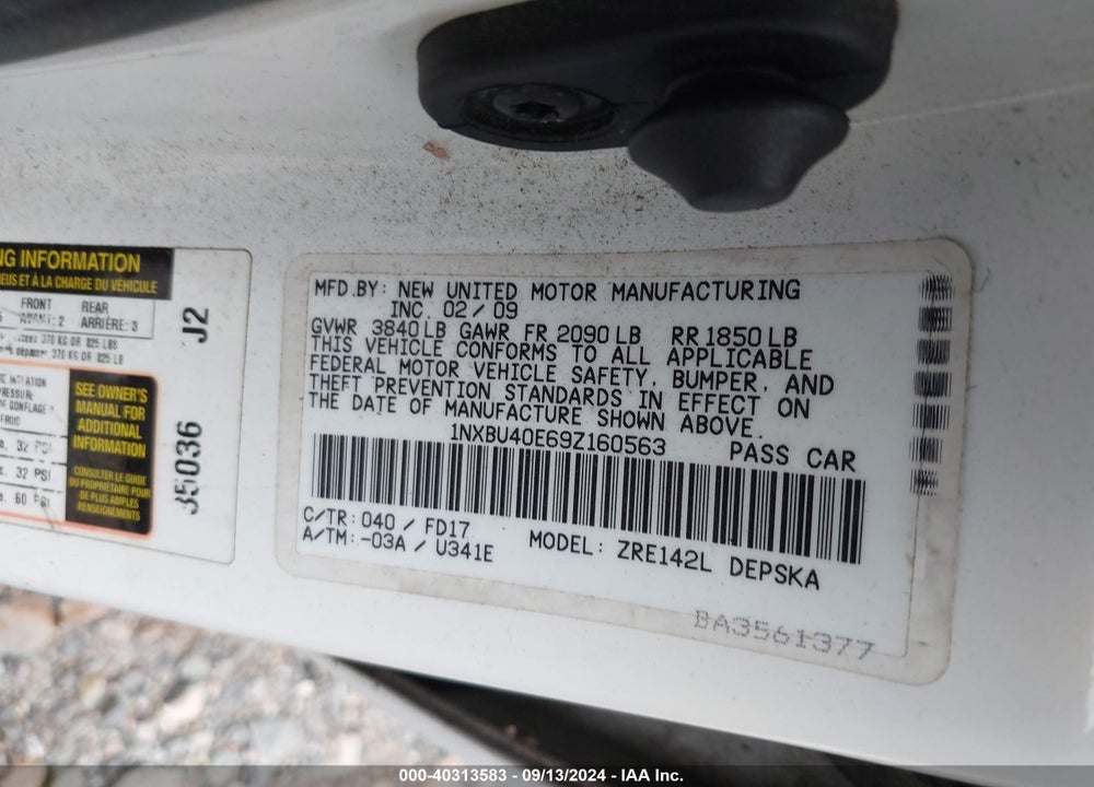 2009 TOYOTA COROLLA S VIN: 1NXBU40E69Z160563