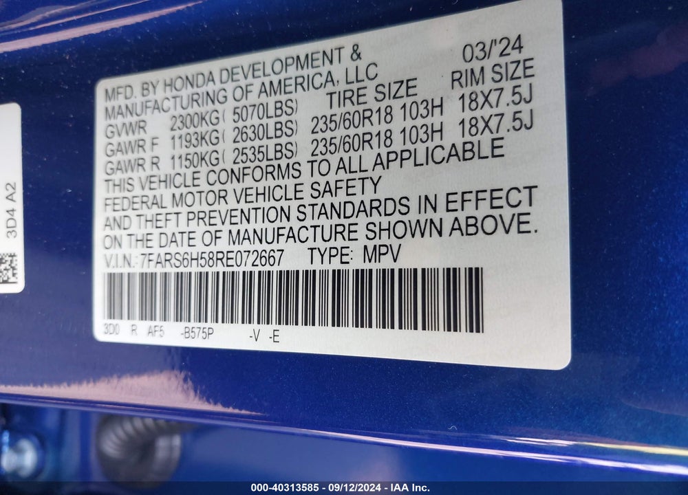 2024 HONDA CR-V HYBRID SPORT VIN: 7FARS6H58RE072667