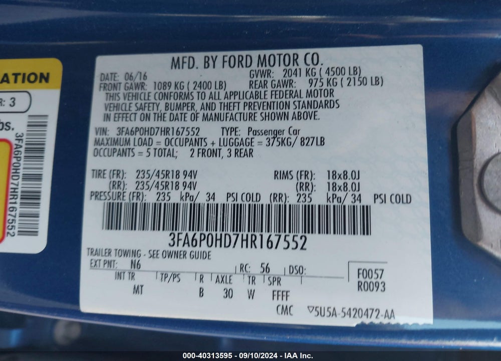 2017 FORD FUSION SE VIN: 3FA6P0HD7HR167552
