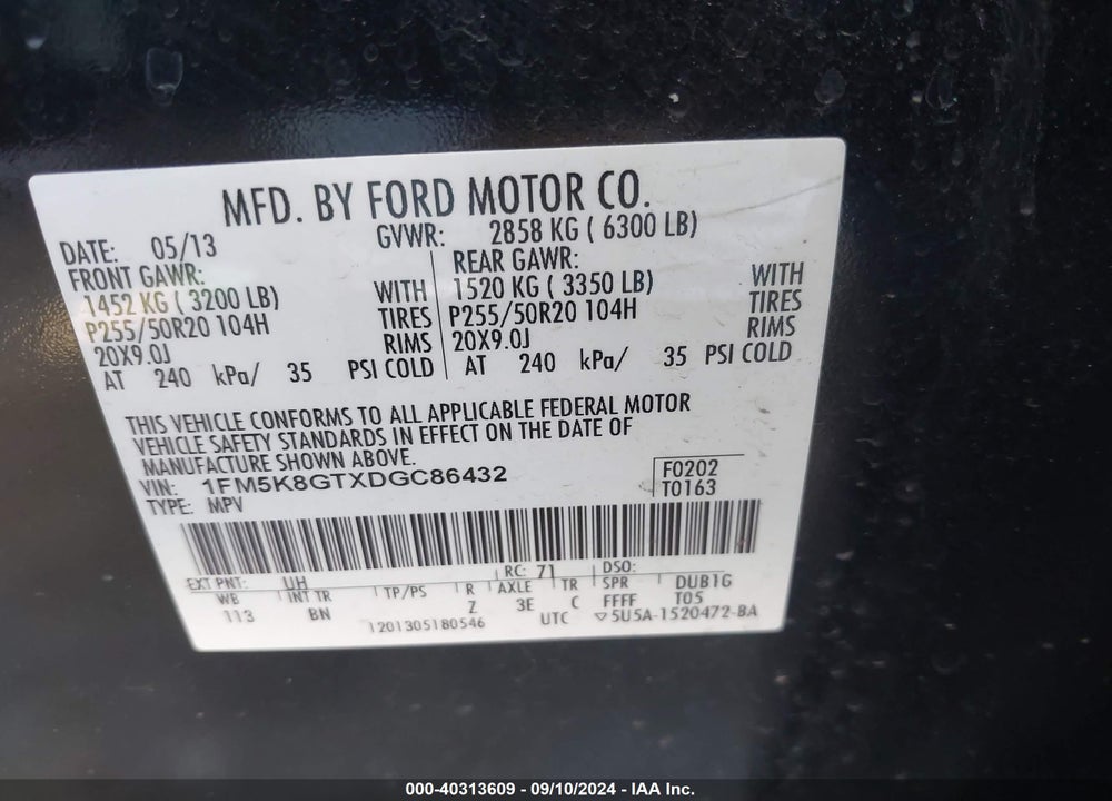 2013 FORD EXPLORER SPORT VIN: 1FM5K8GTXDGC86432