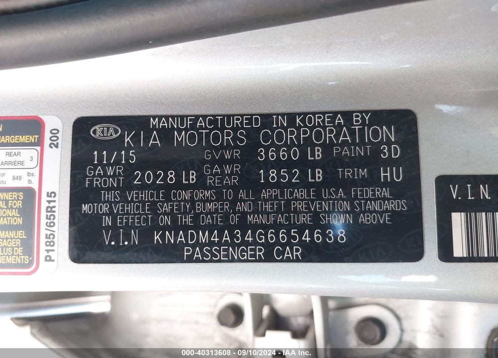 2016 KIA RIO VIN: KNADM4A34G6654638