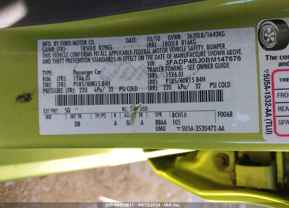 2011 FORD FIESTA SE VIN: 3FADP4BJ0BM147676