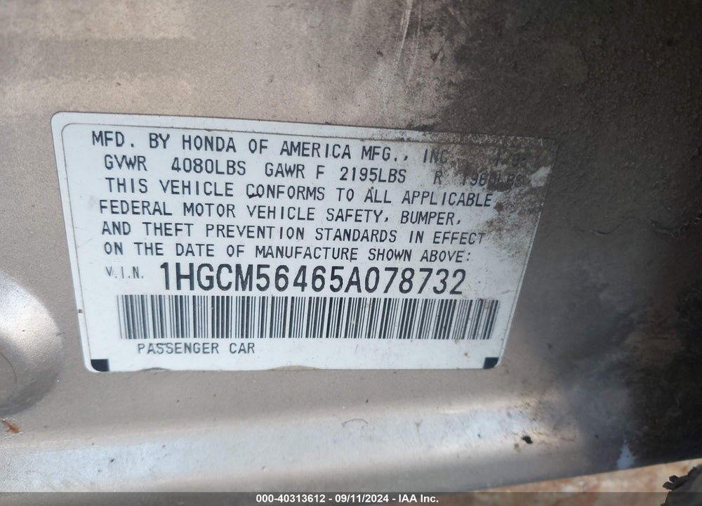 2005 HONDA ACCORD 2.4 LX VIN: 1HGCM56465A078732