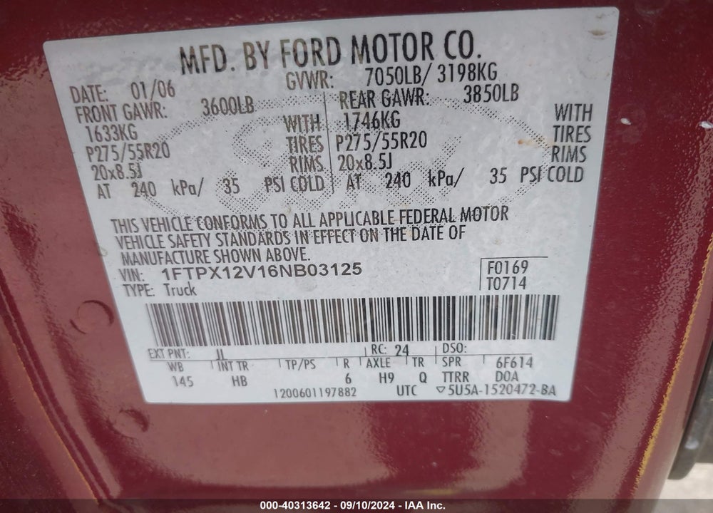 2006 FORD F-150 LARIAT/XL/XLT VIN: 1FTPX12V16NB03125
