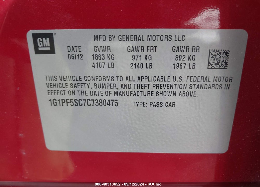 2012 CHEVROLET CRUZE 1LT VIN: 1G1PF5SC7C7380475