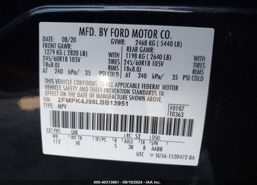 2020 FORD EDGE SEL VIN: 2FMPK4J98LBB13951