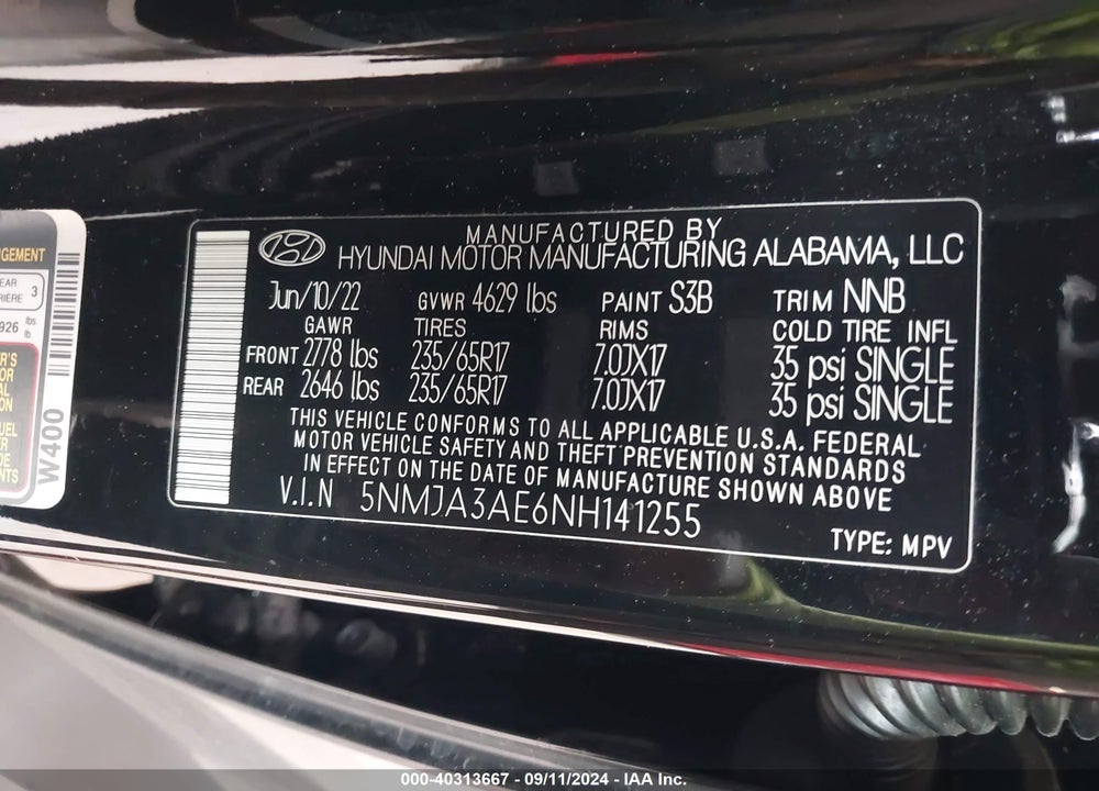 2022 HYUNDAI TUCSON SE VIN: 5NMJA3AE6NH141255