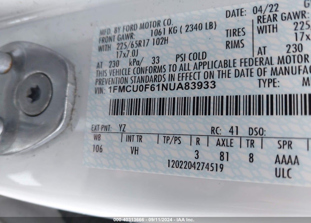 2022 FORD ESCAPE S VIN: 1FMCU0F61NUA83933