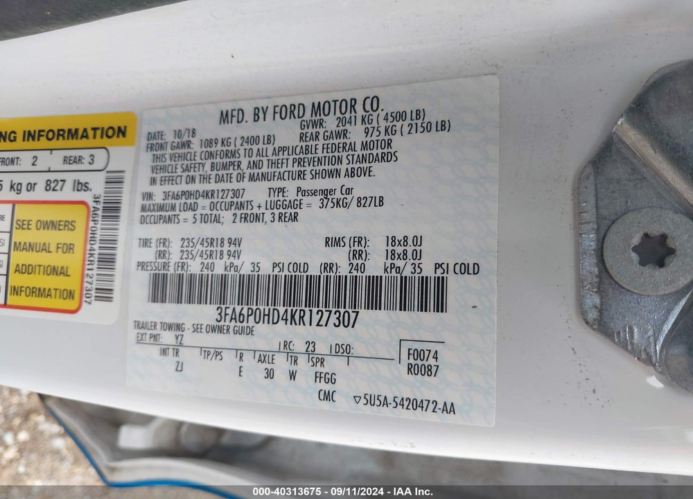 2019 FORD FUSION SE VIN: 3FA6P0HD4KR127307