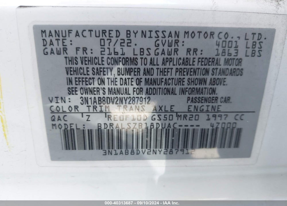 2022 NISSAN SENTRA SR XTRONIC CVT VIN: 3N1AB8DV2NY287912