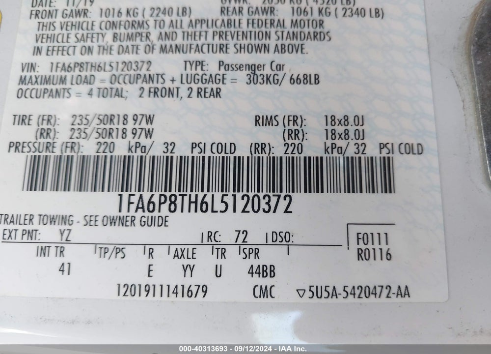 2020 FORD MUSTANG ECOBOOST PREMIUM FASTBACK VIN: 1FA6P8TH6L5120372