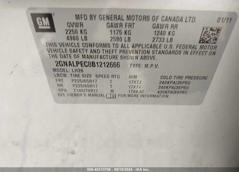 2011 CHEVROLET EQUINOX 2LT VIN: 2GNALPEC8B1212666
