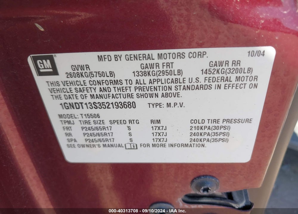2005 CHEVROLET TRAILBLAZER LT VIN: 1GNDT13S352193680
