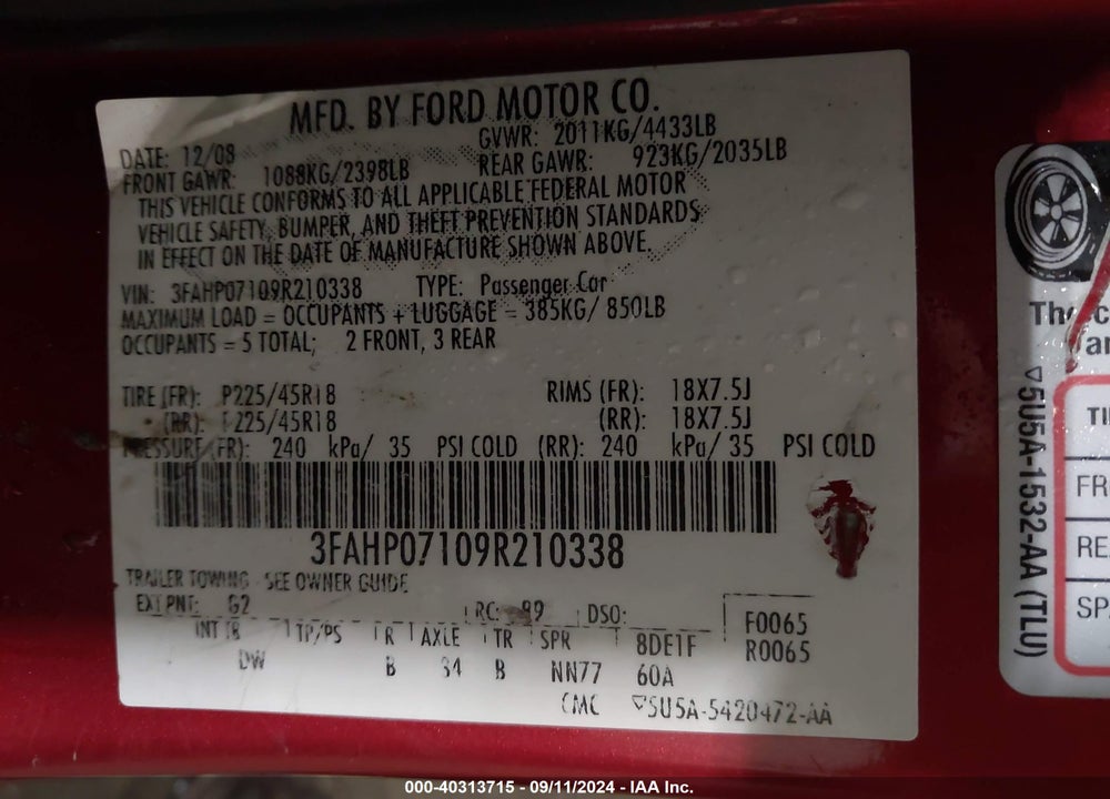 2009 FORD FUSION SE VIN: 3FAHP07109R210338