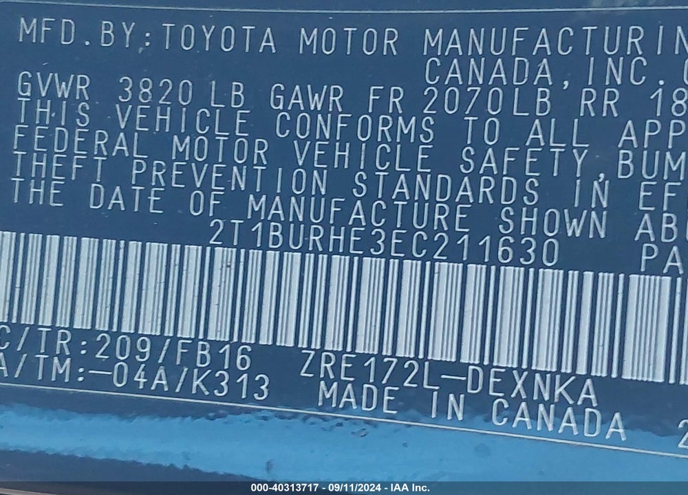 2014 TOYOTA COROLLA LE PLUS VIN: 2T1BURHE3EC211630
