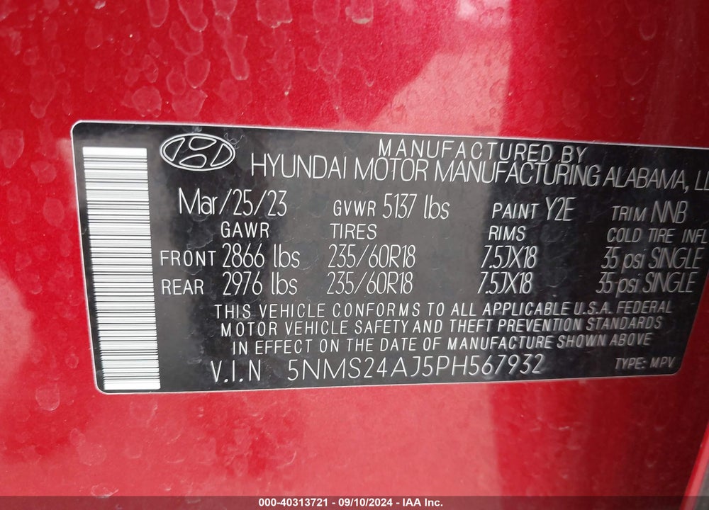 2023 HYUNDAI SANTA FE VIN: 5NMS24AJ5PH567932