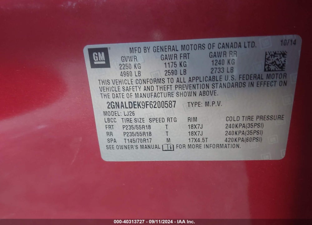 2015 CHEVROLET EQUINOX LTZ VIN: 2GNALDEK9F6200587