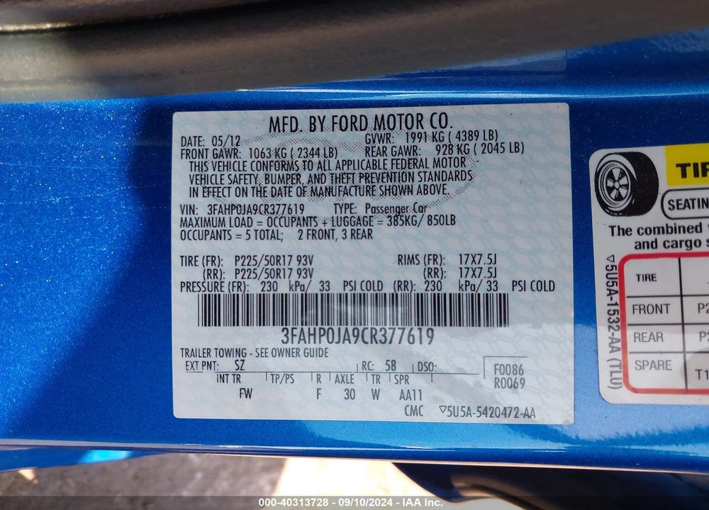 2012 FORD FUSION SEL VIN: 3FAHP0JA9CR377619