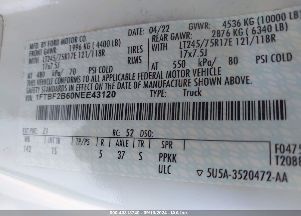 2022 FORD F-250 XL VIN: 1FTBF2B60NEE43120