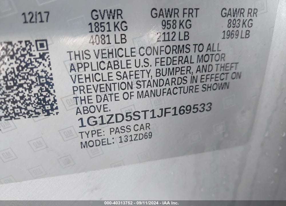 2018 CHEVROLET MALIBU LT VIN: 1G1ZD5ST1JF169533
