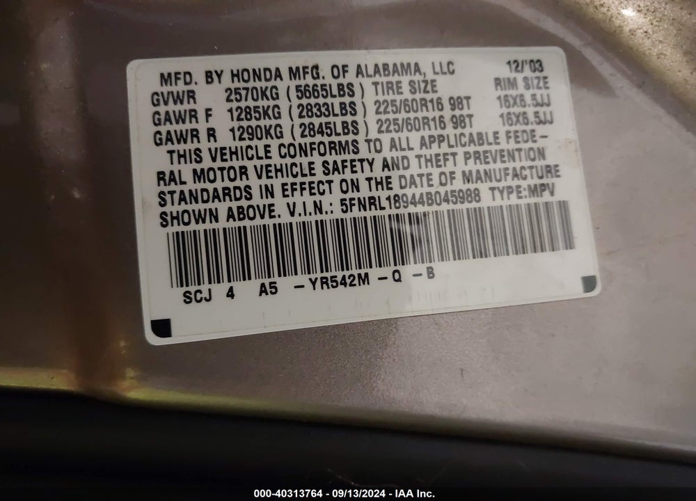 2004 HONDA ODYSSEY EX-L VIN: 5FNRL18944B045988